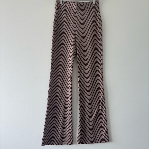 Urban Outfitters Bryn Pull On Flare Pant Brown and Cream Wavy Groovy Wide Leg S - Picture 4 of 9